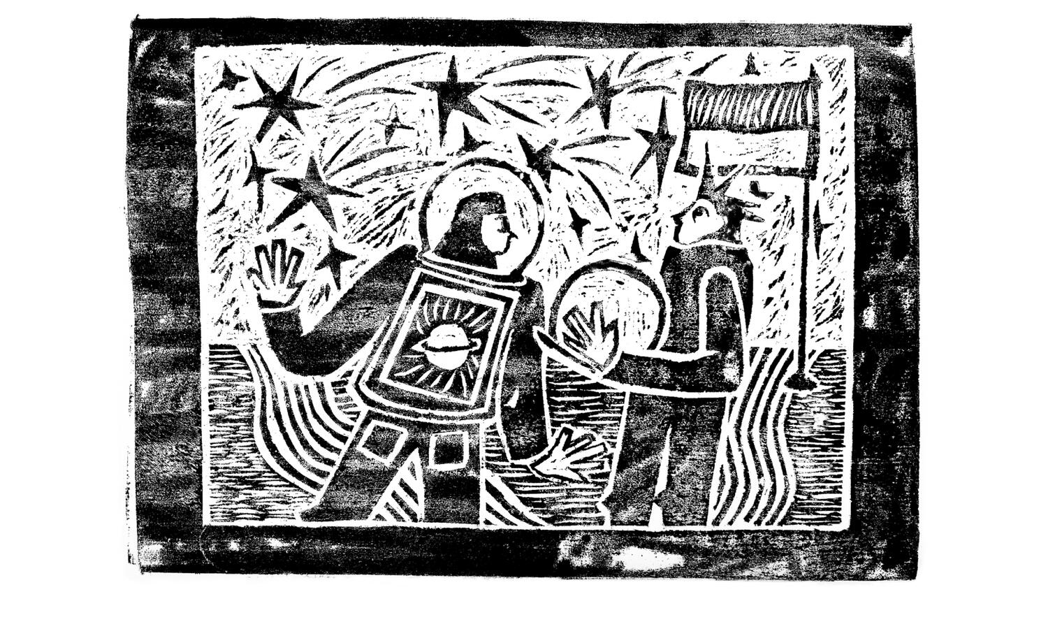 b&w space linocut