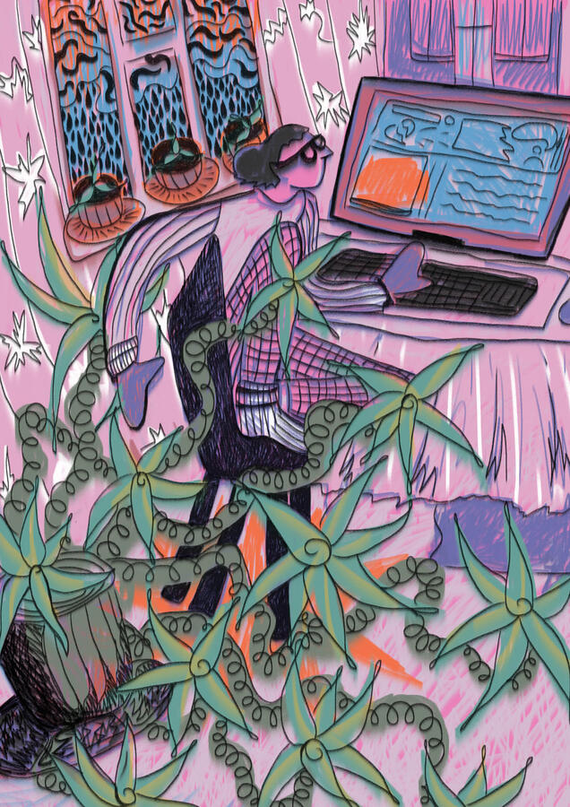 pink illustration of room and plant
